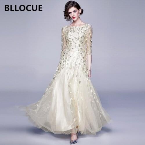 BLLOCUE Fashion Designer Runway Leaves Sequin Embroidery Long Dress Summer Women O-Neck 3/4 sleeve Elegant Noble Party Dress