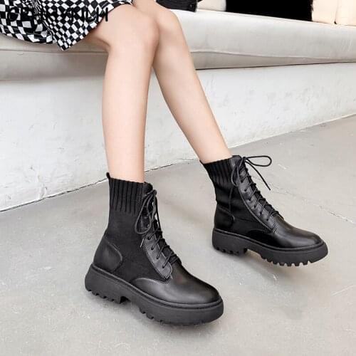 GBHHYNLH 2020 Autumn New Women Ankle Boots Round Toe Lace-up Platform Short Boots Female PU Soft Leather wedge boots LJA900