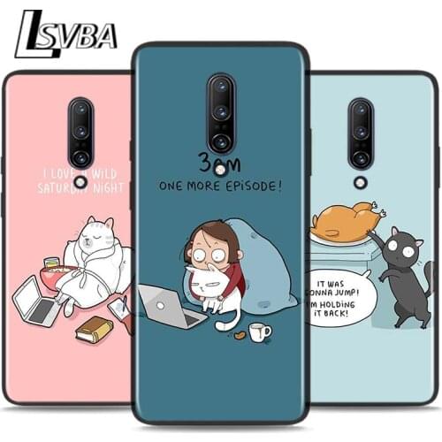 Black Silicone Case Cartoon Cat Animal For OnePlus 5 5T 6 6T 7 7T 8 8Pro Super Bright Glossy Phone Case Cover