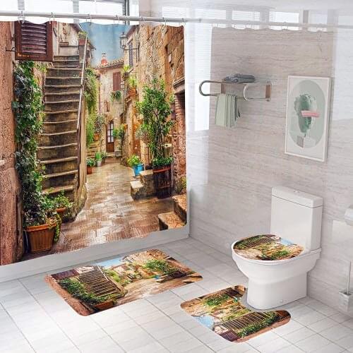 3D Colorful Street Alley Pattern Shower Curtains Bathroom Curtain Home Decor Non-Slip Rug Toilet Seat Cover Bath Mats Carpet Set