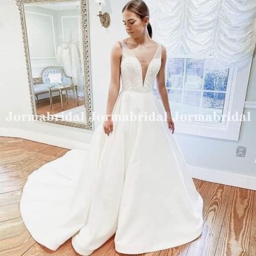 Elegant Satin A Line Wedding Dresses 2021 V-Neck Sheer Straps Bridal Wedding Gowns Backless Lace Appliques Bride Dress Customize