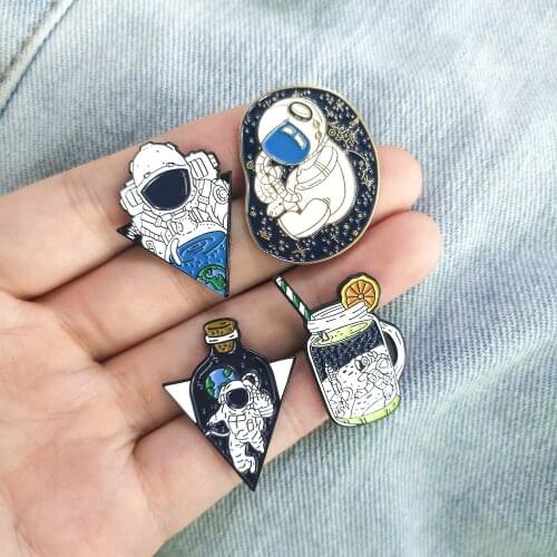 Astronaut Universe Enamel Pins Summer Drinks Planets Baby Infant Spaceman Badges Space Lover Gift Outerspace Jewelry Brooch Pins