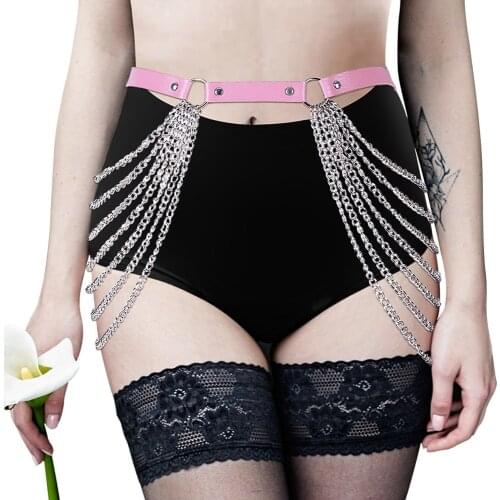 Sexy Women Leather Harness Fashion Garter Gothic Erotic Lingerie Adjust Waist Metal Chain Accessoires Stockings Elastic Bondage
