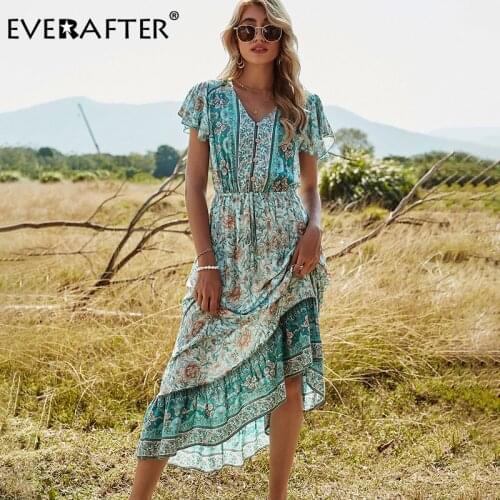 EVERAFTER Sexy Floral Print Women Dress V-neck Short Sleeve Ruffles Ethnic Summer Dress Casual Holiday Beach Maxi Dress 2021