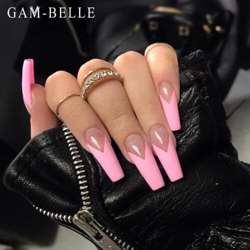 GAM-BELLE Pink V Shape Pattern False Nails Extra Long Coffin French Detachable Press on Nails Art DIY Manicure Beauty Tool