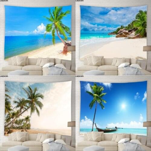 Ocean Scenery Tapestry Sun Beach Palm Tree Holiday Theme Background Wall Hanging Cloth Living Room Bedroom Natural Home Decor