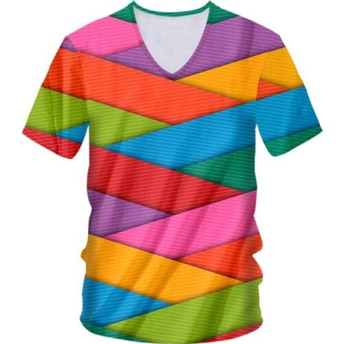 IFPD EU Size Summer Shirt Men Casual T-shirt Cool Print Colorful Tilt Stripes 3D Shirt Man Hiphop Short Sleeve V-Neck Streetwear
