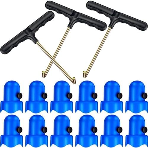 1.5 Inch Diameter Trampoline Enclosure Pole Caps with Screw Thumb and Spring Pull Tool T-Hook Adjustment Spring Pull Kit