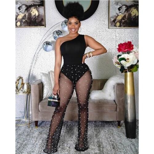 TNNAOFF Mesh Sheer White Dot Bodycon Jumpsuit for Women Birthday Outfits Sexy One Piece Club One Shoulder Sleeveless Rompers