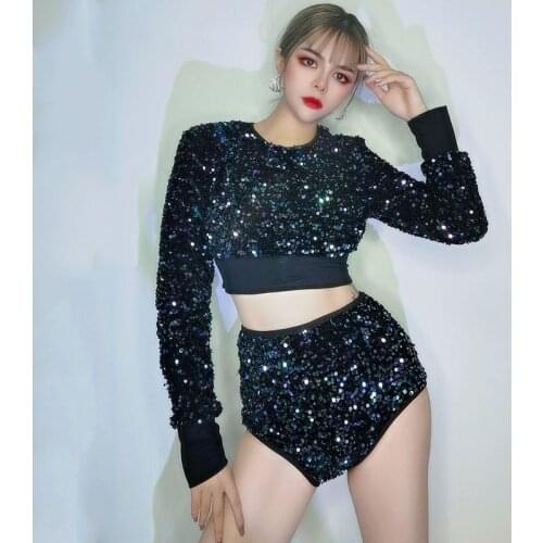 Jazz Pole Dance Costume Sequin Black Tops Pole Shorts Sequined Performance Clothing Women Singer Dancer Nightclub Wear VDB3171