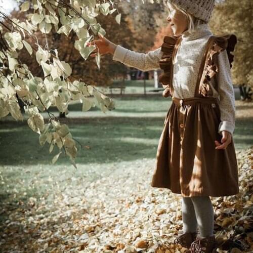 Girls' Linen Single-Breasted Button Suspender Dress Autumn Childrens Lotus Leaf Lace Sling Pleated Dresses WT023