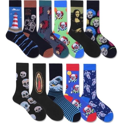 Men Socks Cartoon Mona Lisa Sea Human Skeleton Clown Harajuku Hip Hop Street Style Happy Funny Casual Skate Cotton Socks Fashion