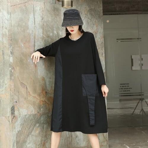 210834 Autumn New Fashion Dress Black Round neck Streetwear Full Sleeve dress Loose Harajuku style womens clothing