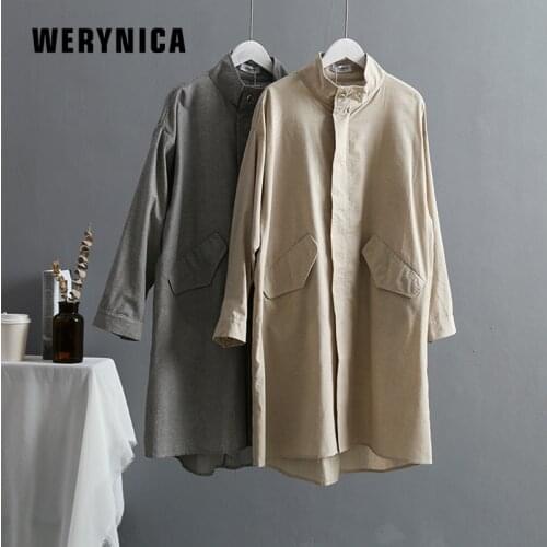 Werynica Elegant Long Womens Coat Lapel 2 Pockets Belted Fashion Cotton Linen Vintage Jacket Solid Color Coats Female Outerwear