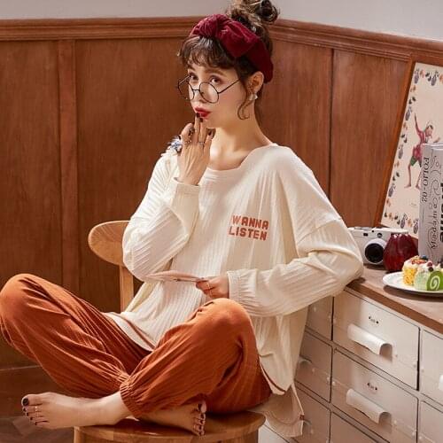 Sleepwear Sets for Women Simple Letter Pattern Pajamas Set Cotton Short Sleeve + Long Pant Home Wear Casual Style Women Pijamas