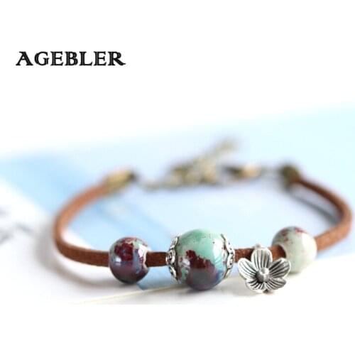 Handmade Popular Creative Ceramic Bracelet & Bangles Flower Bead Colorful Simple Rope Leather Charm Jewelry for Feminine Jewelry