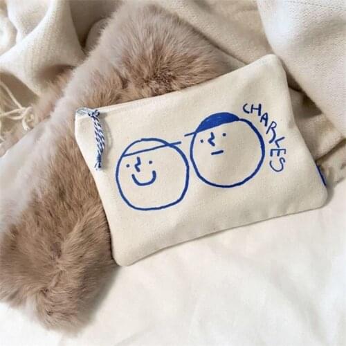 Portable Storage Bag for Students Simple Scrawl Handbag Comestic Bag Solid Color Embroidery Canvas Big Capacity Fashion