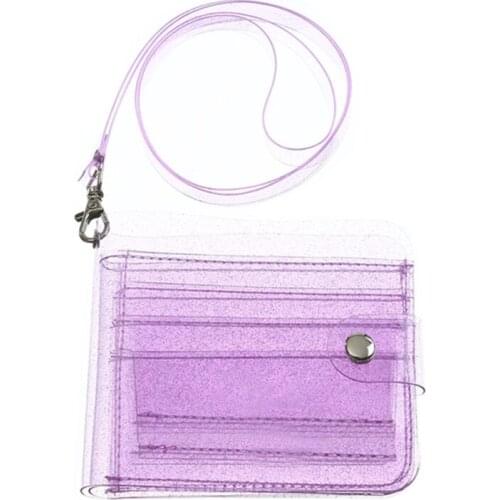 Portable Women Clear Wallet Lanyard Cute Glitter Bifold Purse Card Holder Pouch Office Work 28GD