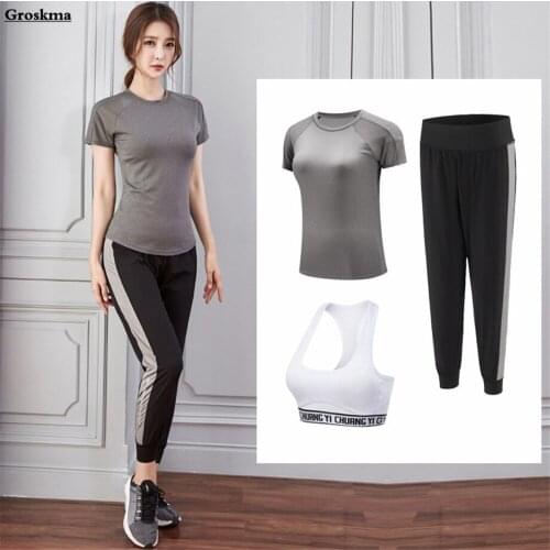 High quality women yoga 3 piece set quick dry t shirt+sexy bra+loose pants fitness gym suits womens outdoor sportswear clothing