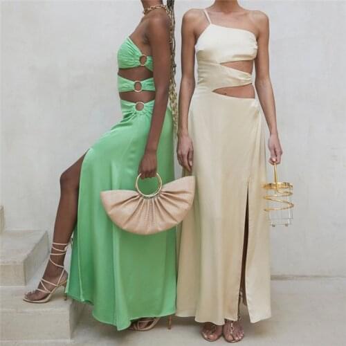 WJFZQM Boho Summer Elegant One Shoulder Long Dresses Women Sexy Bandage Hollow Out Side Slit Evening Beach Party Dress Sundress