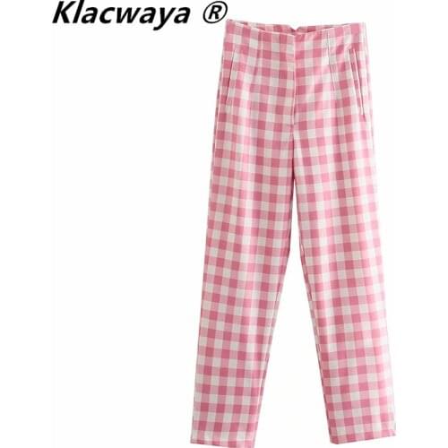Klacwaya Za Women 2021 Summer High waist Trouser Fashion Chic Zip Elegant Pink lattice Printing Straight Pocket Casual Pants