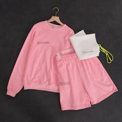 Summer New Woman Sweatshirt Shorts Two Piece Set Letter Print Loose O-Neck Tshirt Sweatpants 100% Cotton Casual Tracksuit