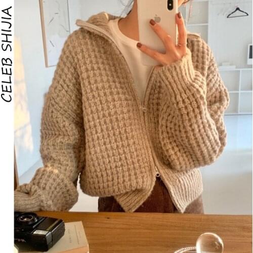 SHIJIA New Zipper Sweater Woman Turtleneck Autumn Winter 2021 Khaki Chic Knitted Coat Korean Thick Coarse Yarn Jacket Female