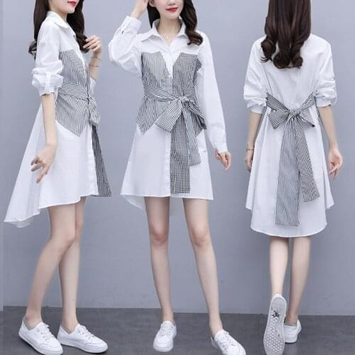 Office lady fashion vestidos de festa patchwork Dresses for Women white dress high waist Short Sleeve midi Dress