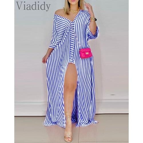 Women Sexy Striped Button Design High Slit Maxi Dress