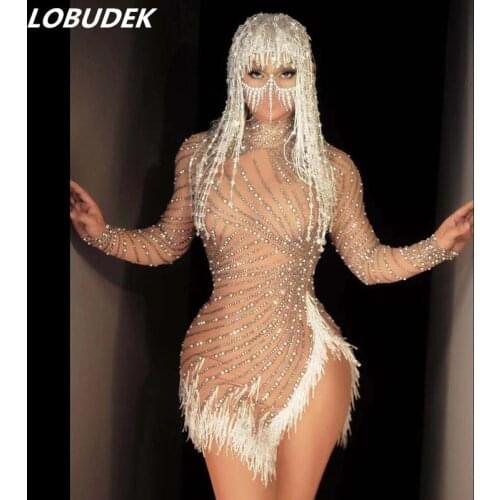 Latin Dress Sexy Mesh Transparent Pearl Tassel Stretch Slit Long Sleeve Prom Birthday Party Outfit Women Singer Dancer Costume