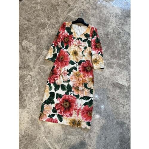 Women 2021 fashion new long sleeve V-neck silk print dress with side slits 0322