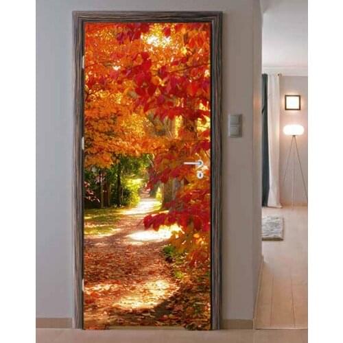 3D Door Sticker Fall Red Leave Way Wall Sticker DIY Door Cover Kitchen Home Decoration Accessories Modern 3d Wall Stickers