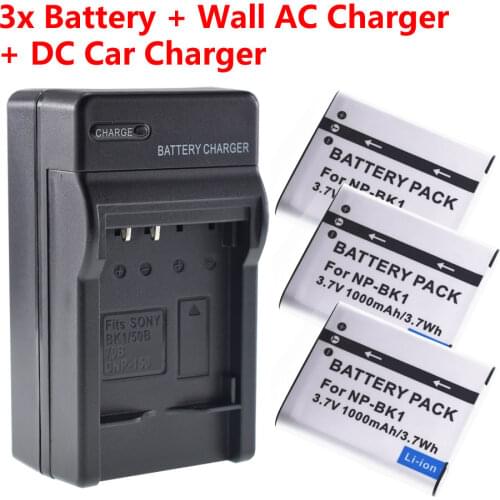 3x Li-ion 3.7V 1000mAH Battery + Home&Car Charger for SONY Cybershot DSC-W180 NP-BK1 Camera