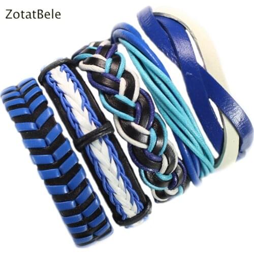 5Pcs/set Male Leather Bracelets Bangles For Men Blue Braided Rope Fashion Wrist Band Bracelet Men Jewelry Lace-up F55