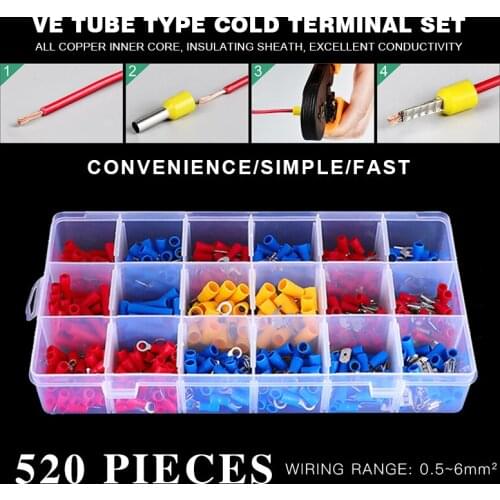 520Pcs Assorted Spade Terminals Insulated Cable Connector Electrical Wire Crimp Butt Ring Fork Set Ring Lugs Rolled Kit blue red