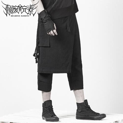 Asymmetric culottes dark black Japanese designer clothing trendy mens personality cropped pants