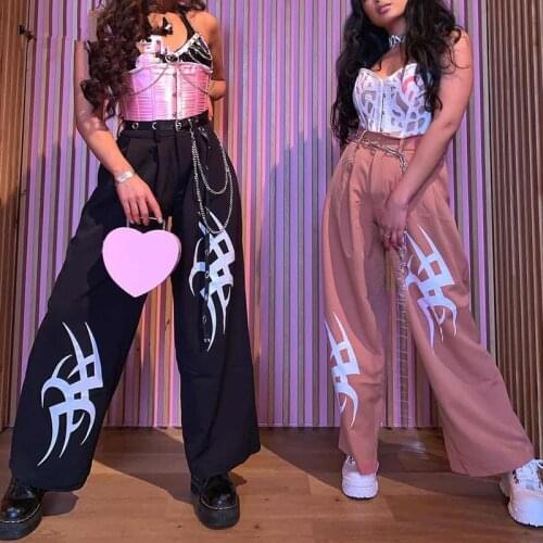 NEWDISCVRY Harajuku High Waist Wide Leg Pants Women Black Printed Casual Ladies Trousers Pink Punk Sweatpants Streetwear Summer
