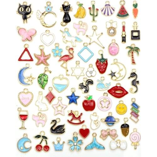 60pcs/set Alloy Enamel Rocking horse Black cat moon Cherry fruit Crown Fish tail Charms Pendant Jewelry Making Decoration