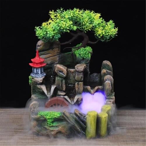 Resin Rockery Fake Tree Flowing Water Waterfall Fountain With LED Lights Spray Ornament Home Simulation Mountain Model Decor