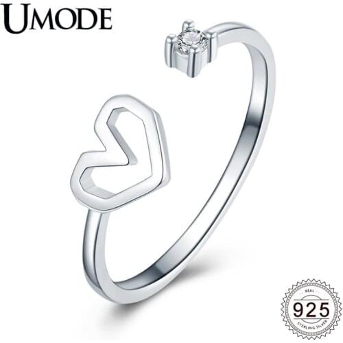 UMODE New 925 Sterling Silver Hollow Heart Open Cuff Rings for Women Adjustable Zircon Diamond Silver 925 Jewelry ALR0753