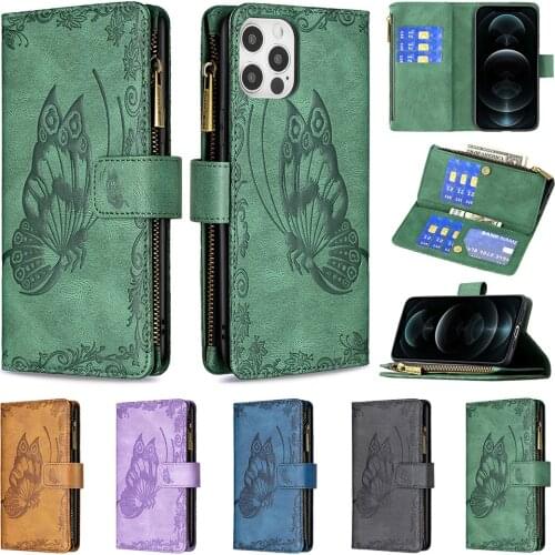 For iphone 12 Mini Zipper Butterfly Wallet Leather Case for iPhone 12 11 Pro Max iphone X XS Max XR SE Folio Book Flip Cover