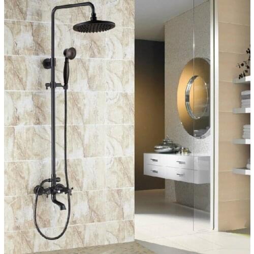 Black Oil Rubbed Brass Bathroom Rainfall Shower Faucet 8 inch Round Shower Head Set Bathtub Tap Two Cross Handle ars381