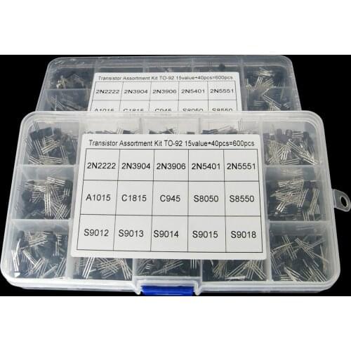 600Pcs 15 Value x 40 Pcs Transistor TO-92 Assortment Box Kit Transistors 2N2222 2N3904 2N3906 C945 S8050 S8550 S9014 S9013 9018