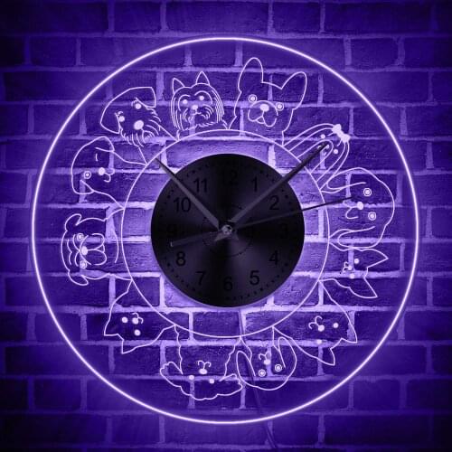 Mans Best Friend Dog Lovers Unite LED Wall Clock 12 Different Dog Breeds Cut Puppy Wall Clock with LED Backlight Pet Vet Decor