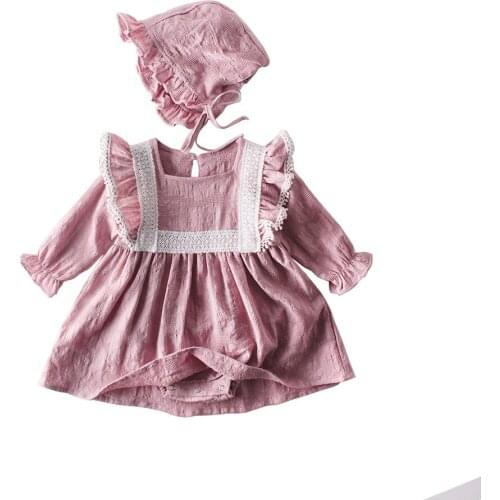 Newest Design Baby Pink Lace Romper with Skirt Ruffle Newborn Infant Rompers and Hat for Spring Summer
