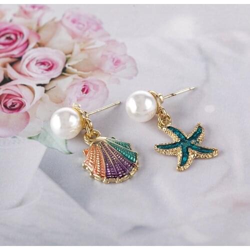 NEW RUANME A Pair Of Earrings Drop Glaze Blue Sea Star Fashion Color Shell Earring Metal Geometry Pearl Earrings Jewelry