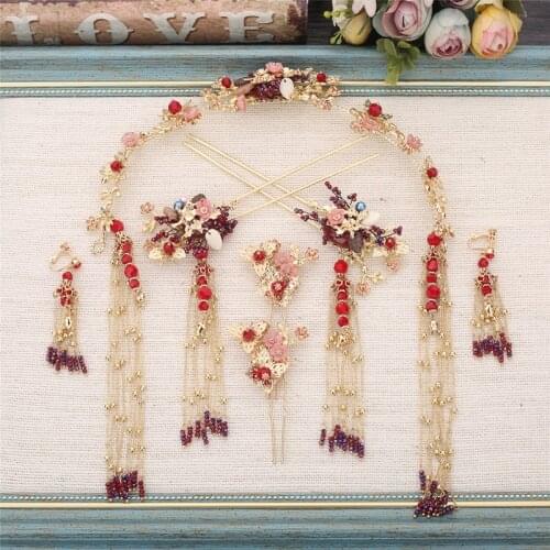 New Brides vintage chinese tassle hairpins women headdress cheongsam step coronet sets wedding hair jewelry
