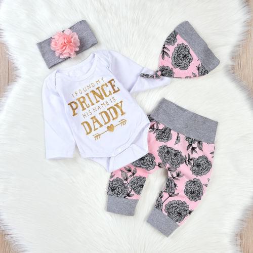 New Baby Girl Clothes Set Girls Letter Daddy Princess T-shirt + Kids Floral Long Pants +Headband +Hats Outfits Kid 4Pcs Sets