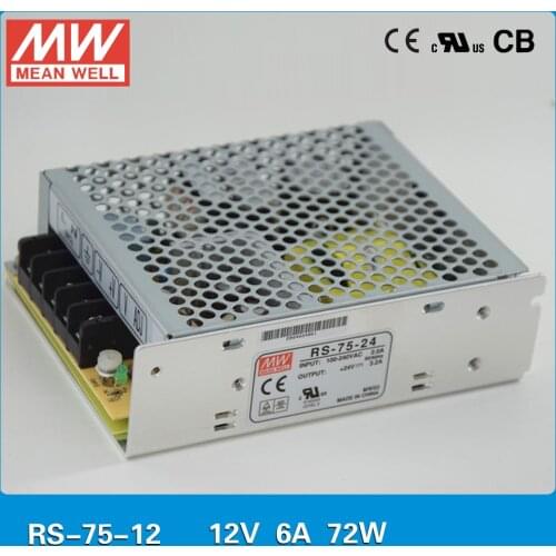 Original MEAN WELL RS-75-12 72W 6A 12V Switching Power Supply G3 series UL TUV CB EMC CE approved 88-264VAC to 12VDC output