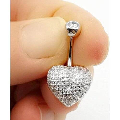 Trendy Full Zircon S925 Sterling Silver Heart Belly Navel Clear Crystal Button Ring Piercing Jewelry Fashion Body Bar Luxury